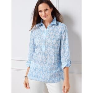 Talbots Tunic Top Shirt Womens XL Petite Blue White Medallion Print Button Flowy